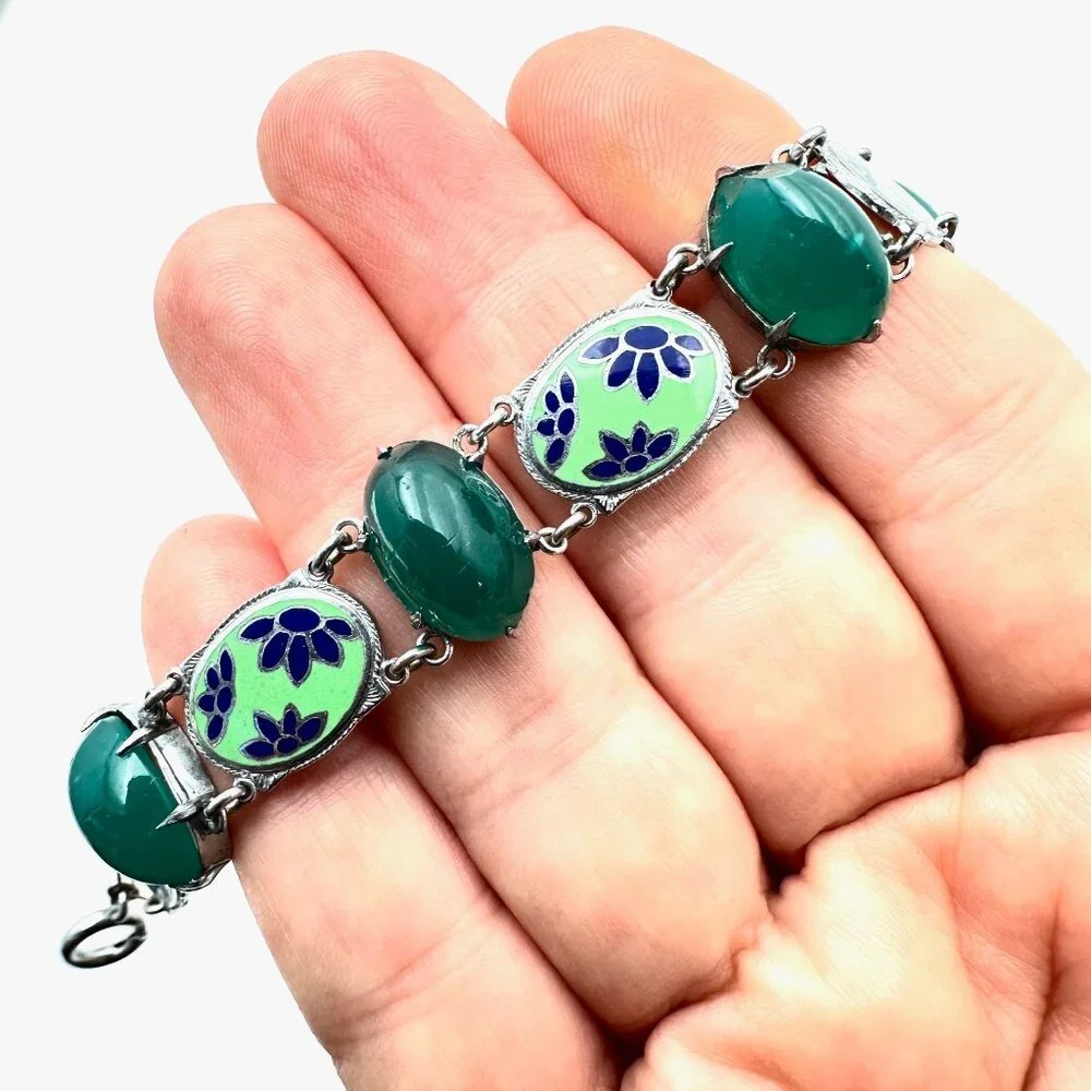 Vintage Blue Green Enamel Domed Glass Stone Silver Tone Bracelet 7 Inch